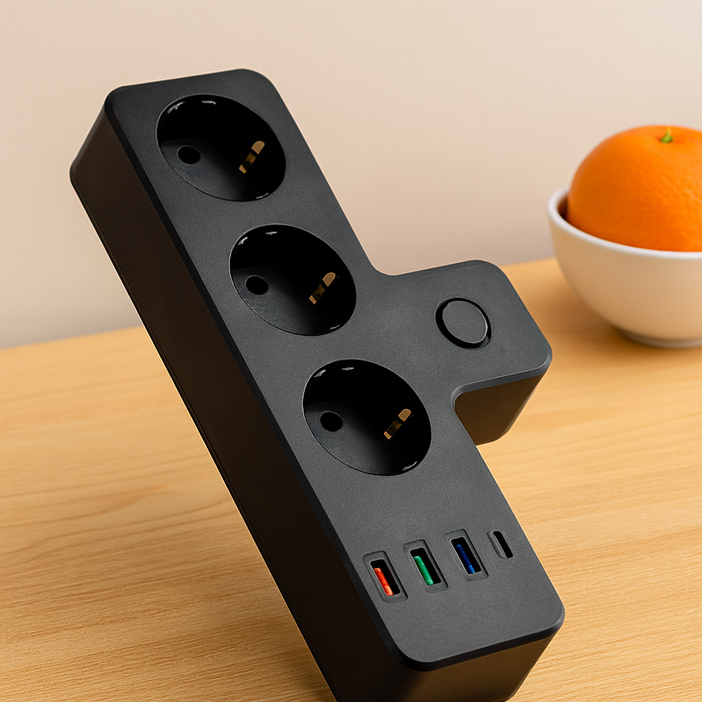 Termal Korumalı Duvar Prizi - 3xPriz 3xUSB 1xType-C (Siyah)