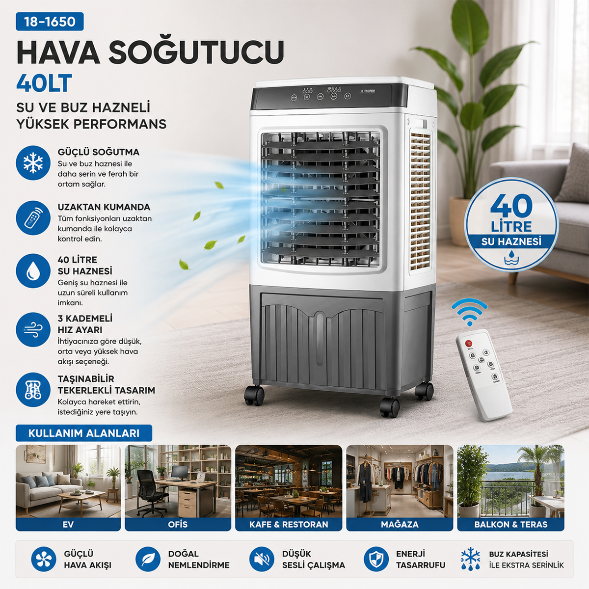 Taşınabilir Hava Soğutucu Klima Vantilatör 40L - 100W Uzaktan Kumandalı