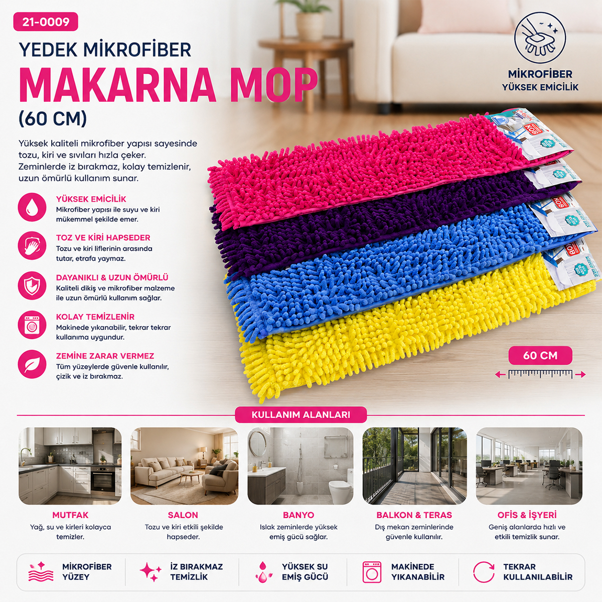 Mikrofiber Yedek Mop Başlığı 60 cm