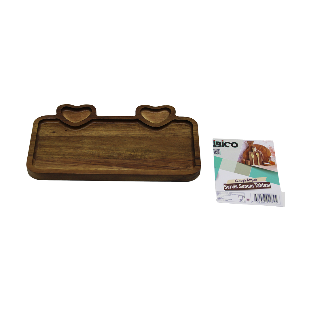 Akasya Ahşap Servis Tepsisi 25x14 cm (Kulplu, Kalp Bölmeli)