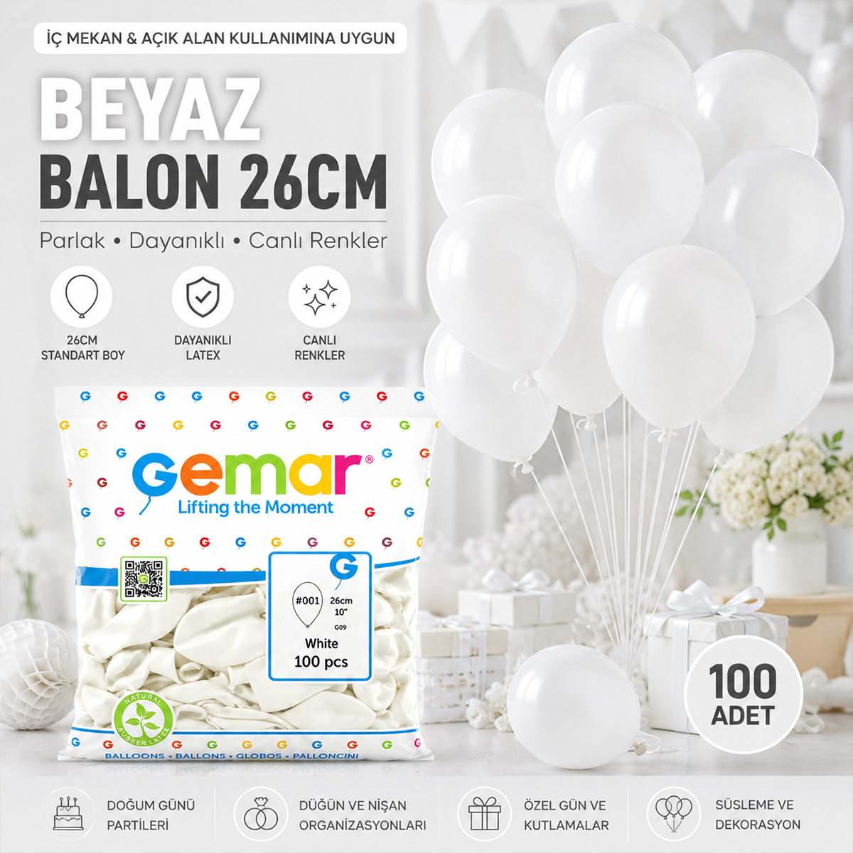 Beyaz İç Mekan Lateks Balon 10'' (26 cm) - 100'lü Paket