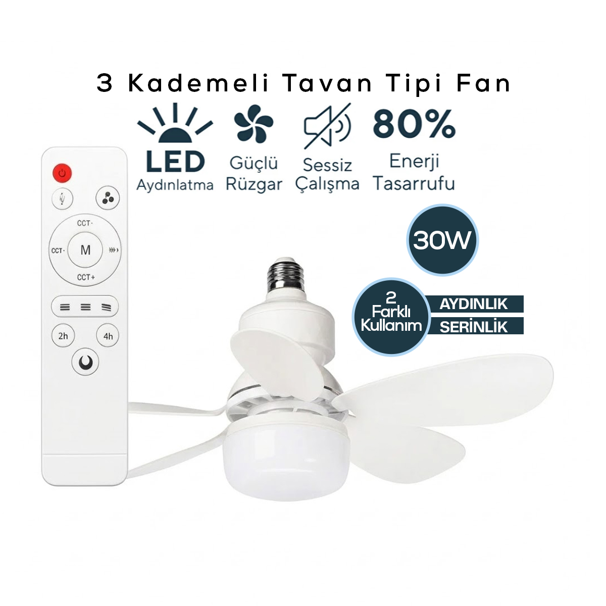 Kumandalı 2in1 Tavan Vantilatör Avize Lamba - 5 Kanat, 3 Kademe