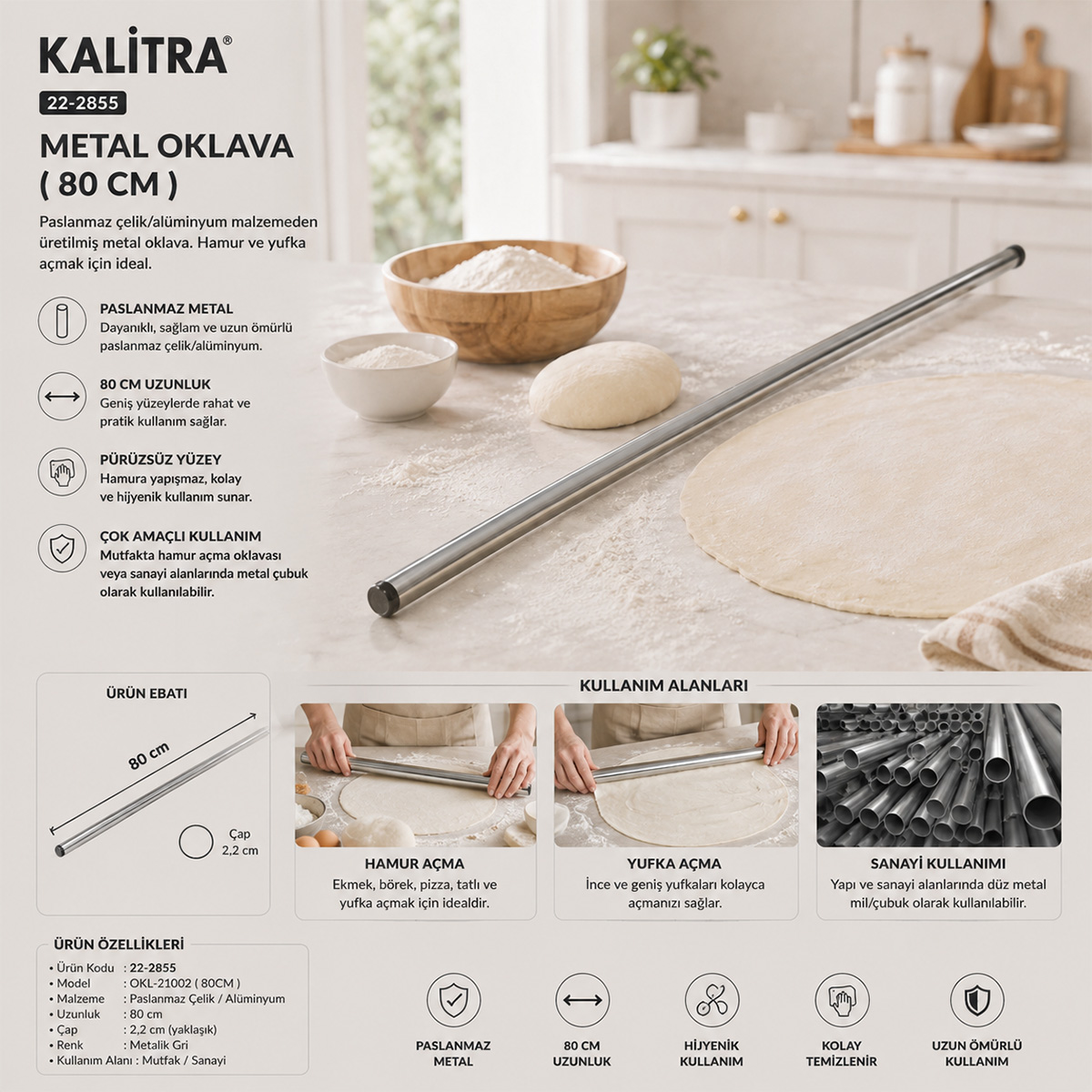 Alüminyum Metal Oklava 80 cm