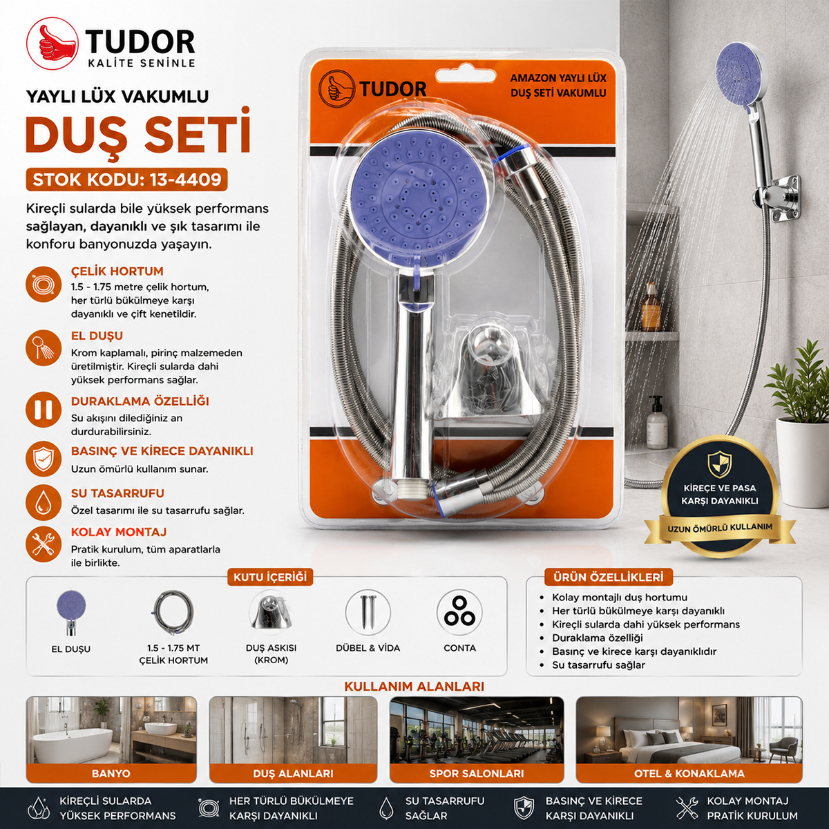 Krom Vakumlu Lüks Duş Seti - 150 cm Metal Yaylı Hortum