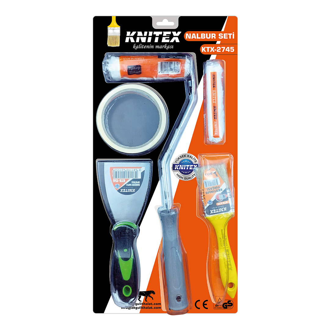 5 Parça Boyacı Seti (Spatula, Kestirme Fırça, Yedek Rulo, Bant, 10 cm Fırça)