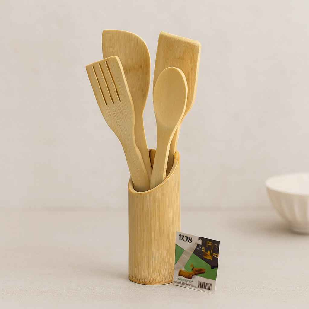 Ahşap Bambu Mutfak Servis Seti 5 Parça (Kaşık, Çatal, 2 Spatula, Stand) 27.5/30 cm
