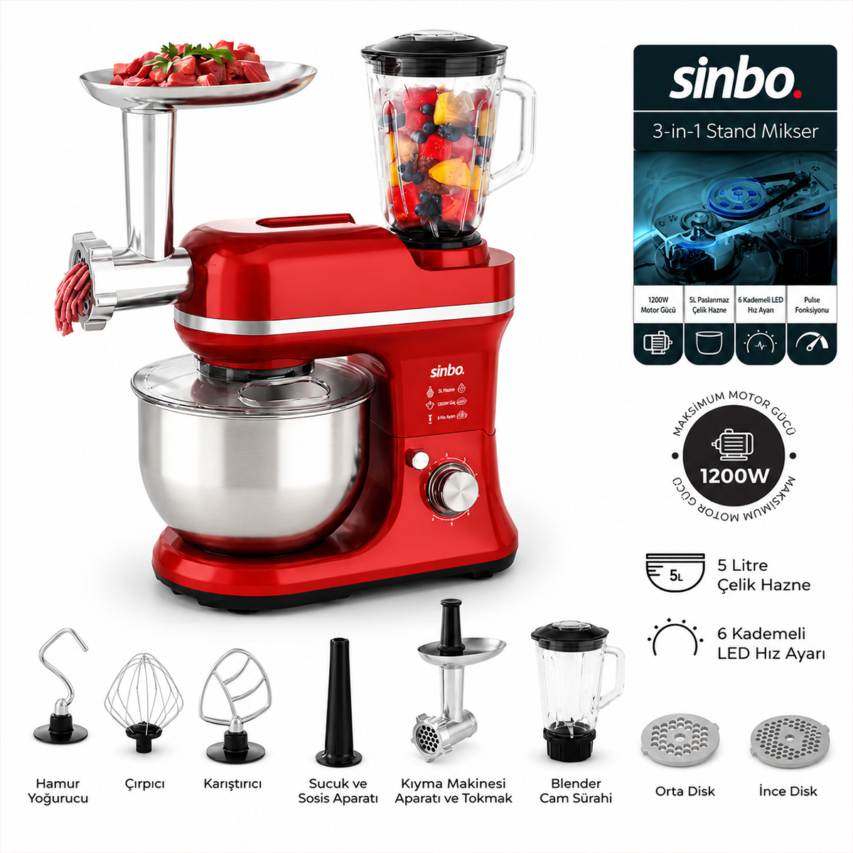 Standlı Mikser & Blender Seti 3'ü 1 Arada 1500W 4.5L (Kıyma Aparatlı)