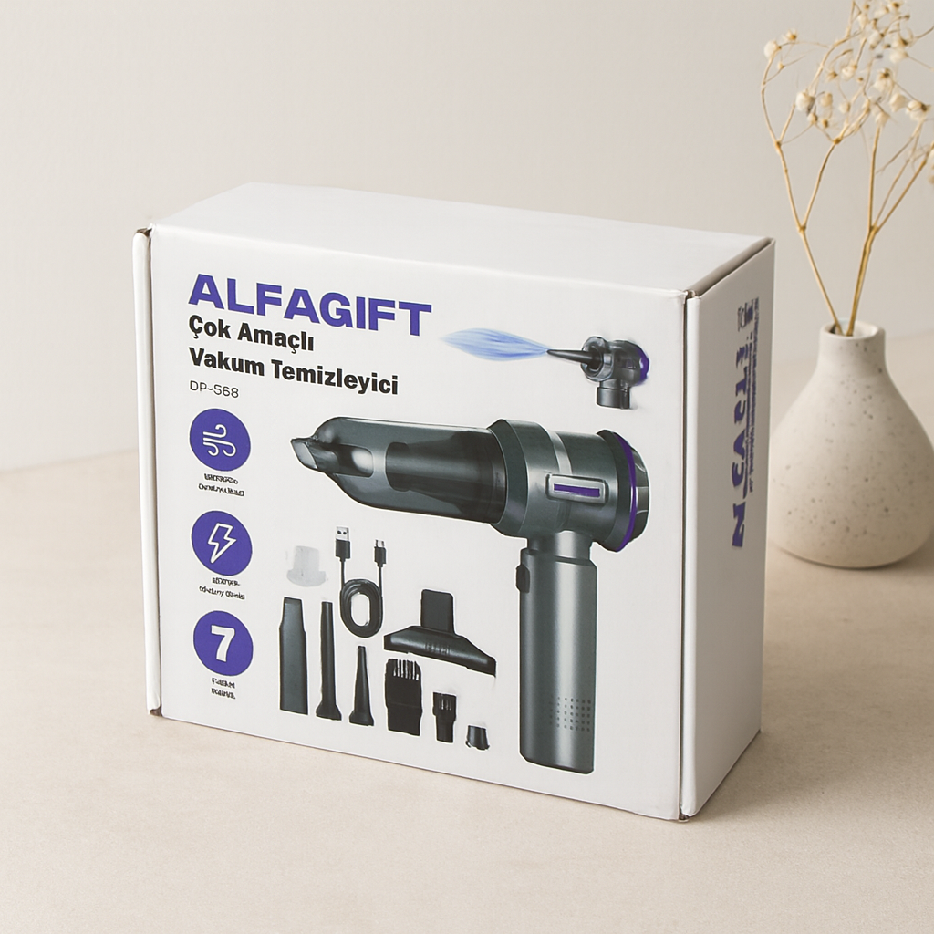 Type-C Şarjlı 100W El Tipi Araç Süpürgesi ve Hava Üfleyici (7 Başlık)