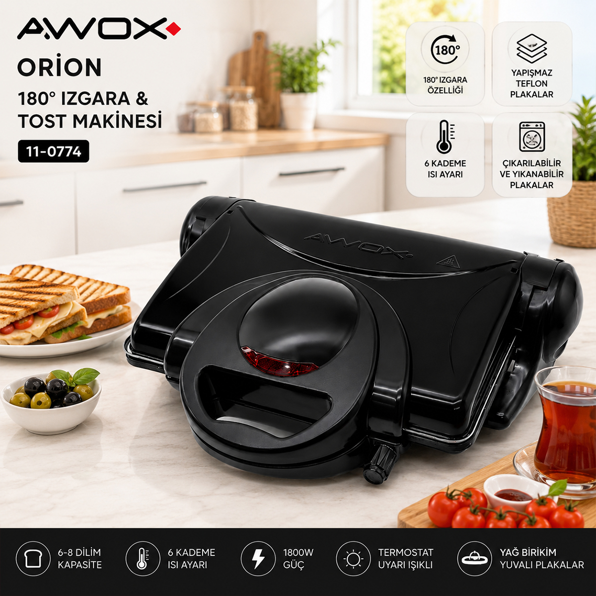 8 Dilim Teflon Elektrikli Tost Makinesi 1800W, 180° Izgara, 6 Kademe Isı