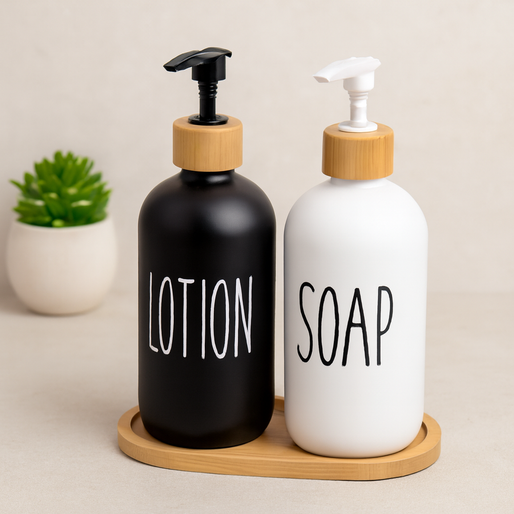 Cam Sıvı Sabunluk & Losyonluk 2'li Set 2x500 ml Siyah Beyaz Bambu