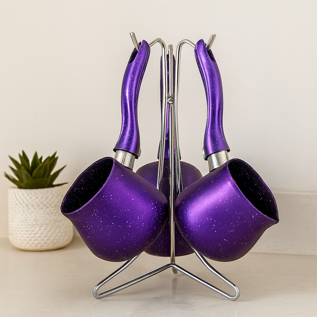 Granit Çelik Cezve Seti 4'lü (230/280/380 ml) Metal Standlı