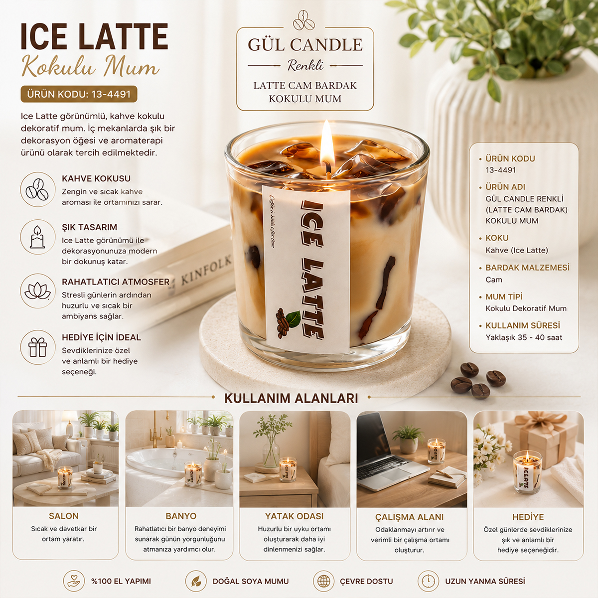 Gül Kokulu Latte Aromalı Cam Bardak Mum