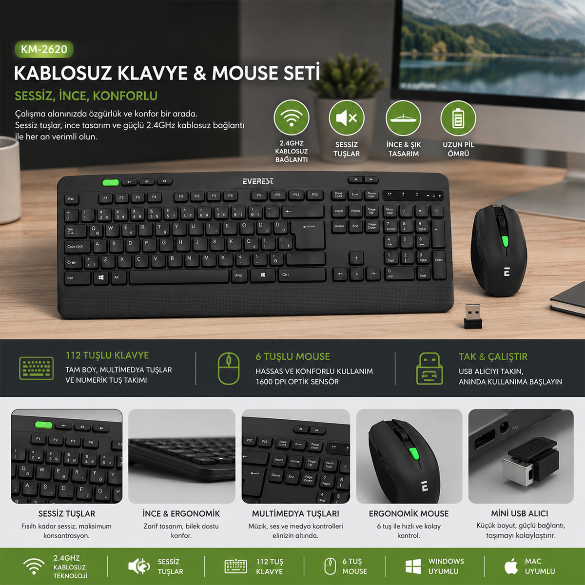 Kablosuz Klavye Mouse Seti (USB, Sessiz, Q Klavye)