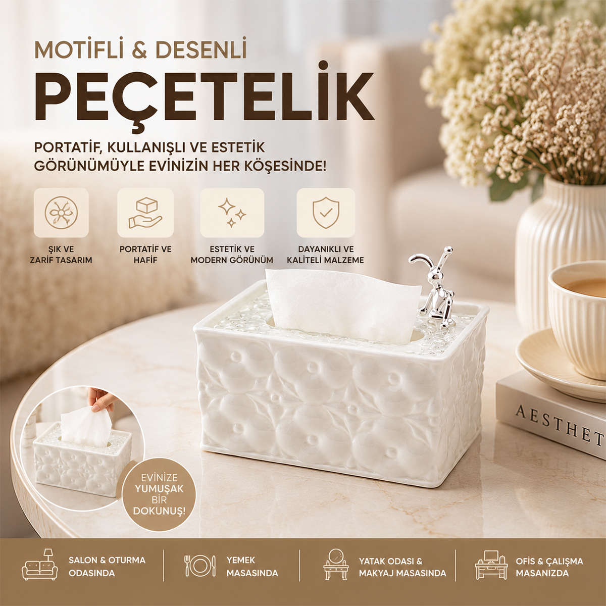 Dikdörtgen Masaüstü Peçetelik (18.4×12.5×9 cm) Beyaz