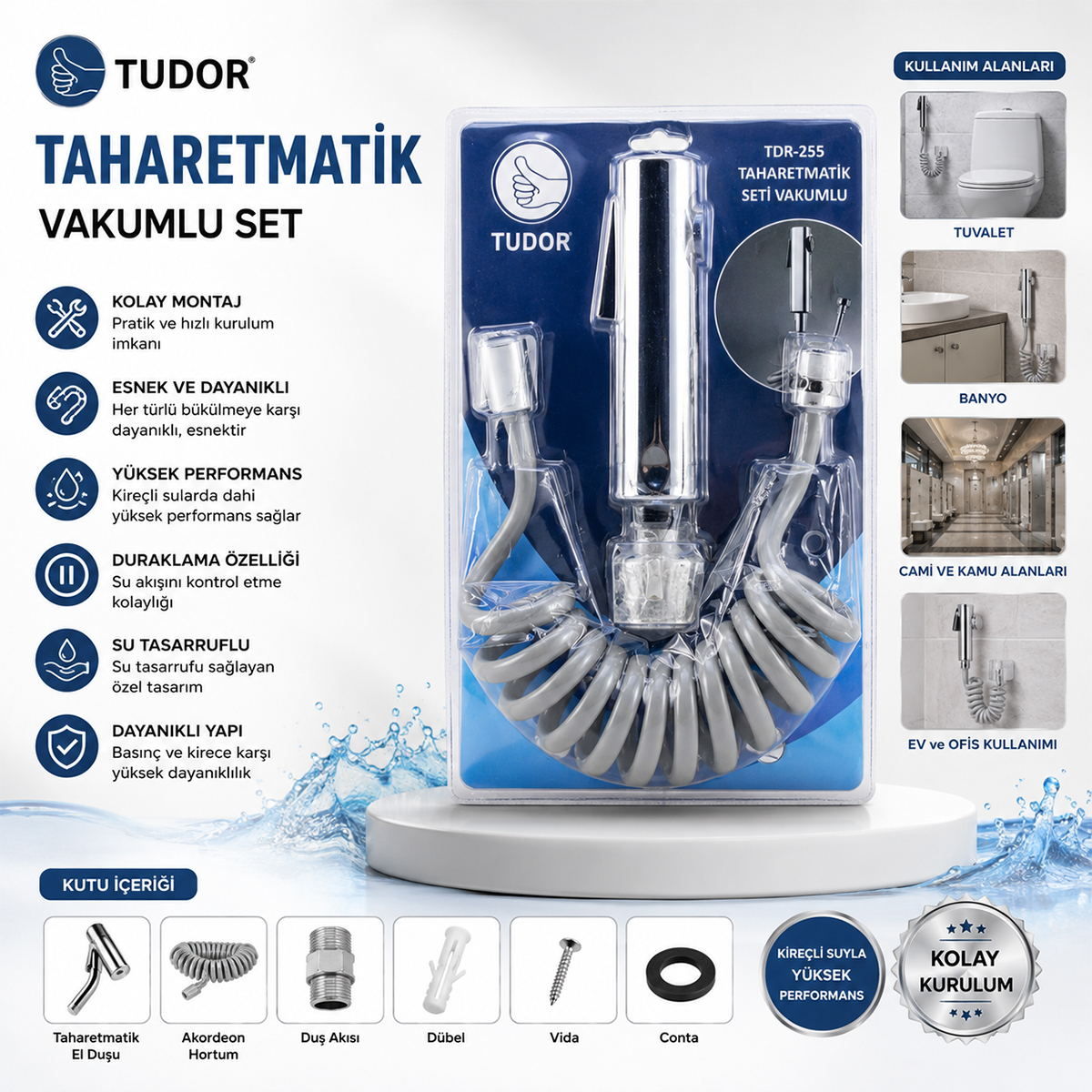 Taharetmatik El Duşu Seti Krom (Hortum, Mafsal, Vakumlu)