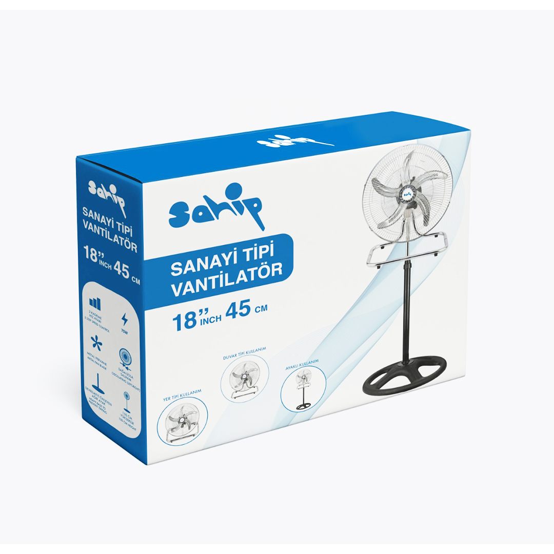 45 cm Sanayi Tipi Ayaklı Vantilatör 75W - 3 Kademe, Metal Pervane