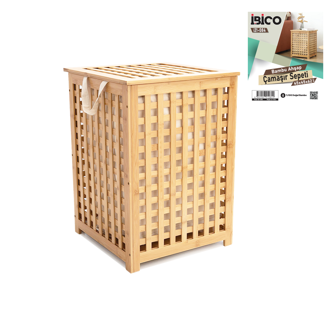Kalın Bambu Kirli Çamaşır Sepeti 45x45x62 cm - Kumaş Çantalı (6'lı Set)