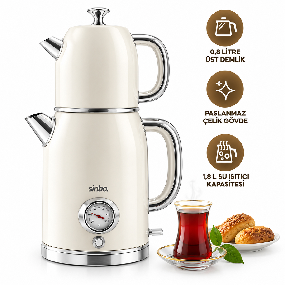 Elektrikli Retro Çay Seti 1600W Cam Demlik 1.8L+1L Derece Göstergeli