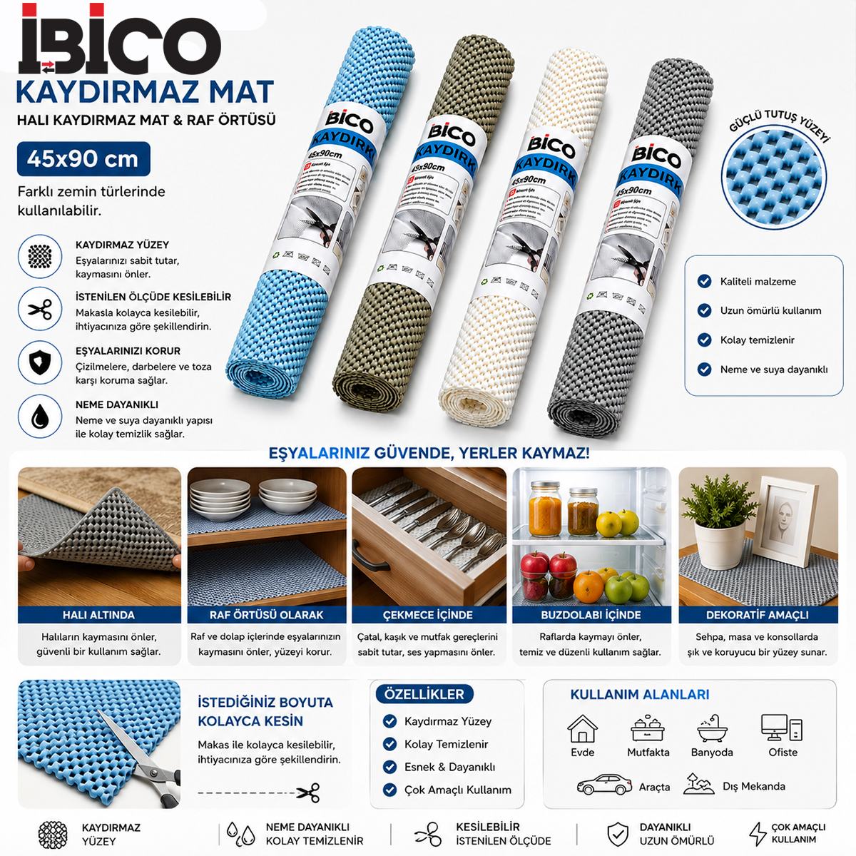 İBİCO İ13-001 ( 45X90CM) HALI KAYDIRMAZ MAT & RAF ÖRTÜSÜ ( MİX RENKLİ)