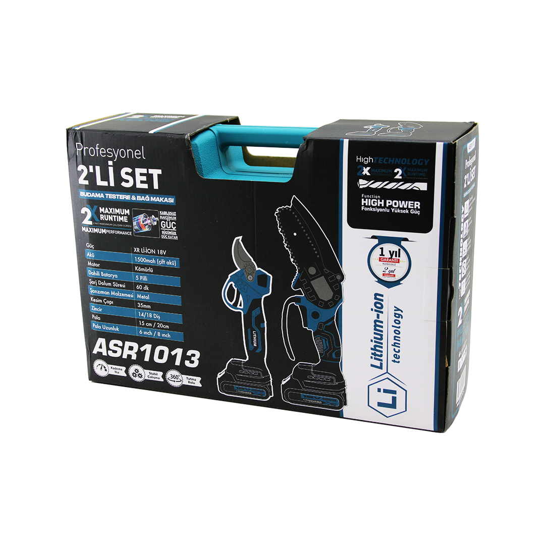 Şarjlı Zincirli Budama Testere 18V 1500mAh (6-8 inç) 2'li Set + Bağ Makası