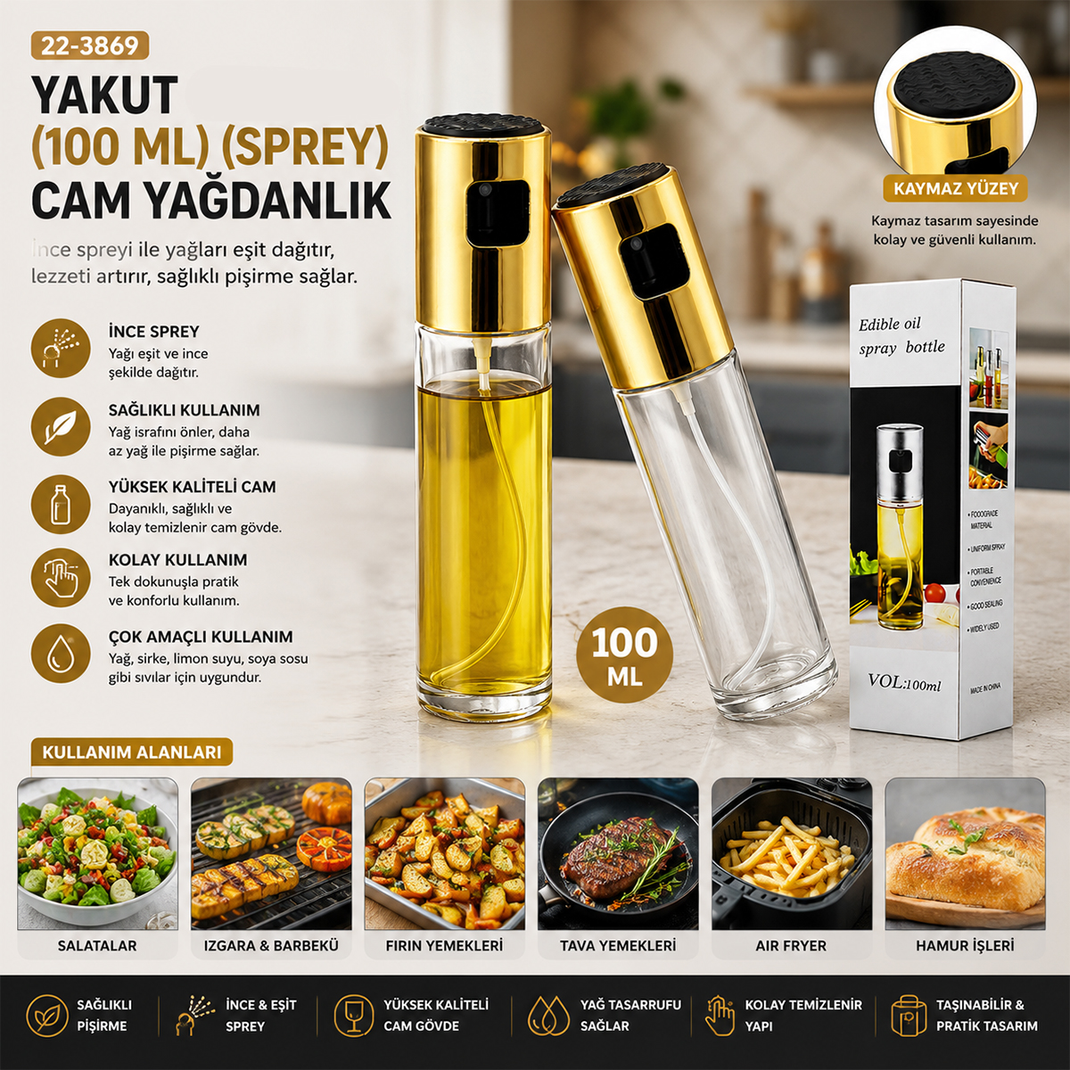 100 ml Cam Yağdanlık Sprey Şişe (İnce Uzun, Krom Başlık)