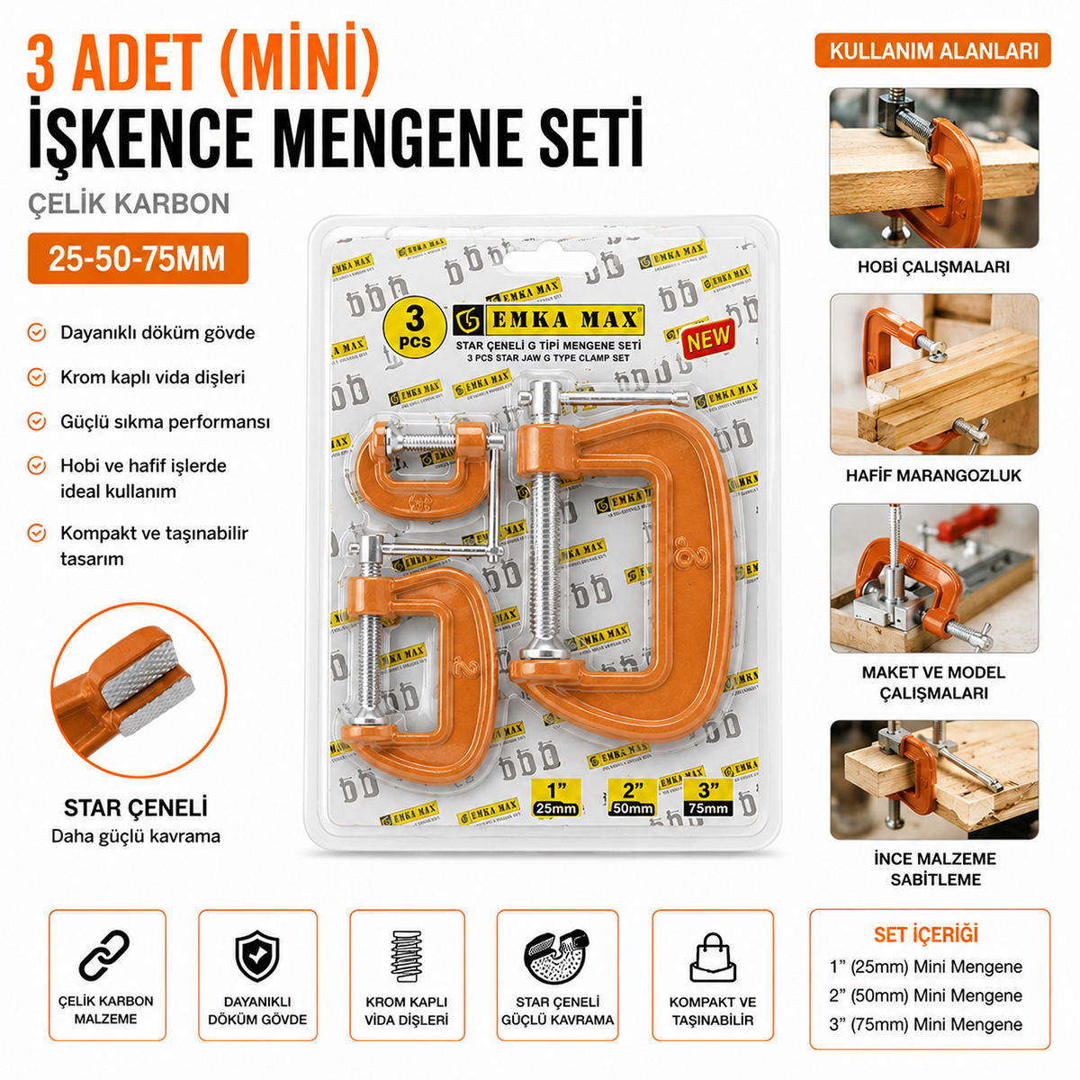 Mini Mengene Seti 3'lü (25-50-75 mm) Karbon Çelik