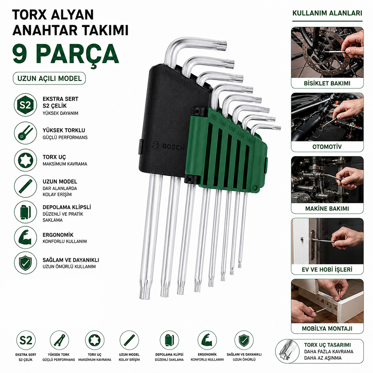 9 Parça Uzun Alyan Anahtar Takımı - Krom