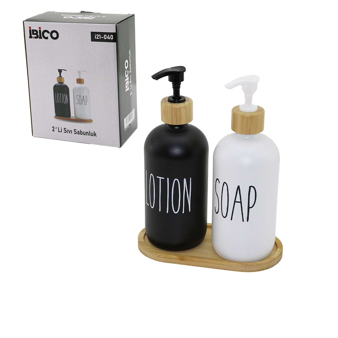 Cam Sıvı Sabunluk & Losyonluk 2'li Set 2x500 ml Siyah Beyaz Bambu