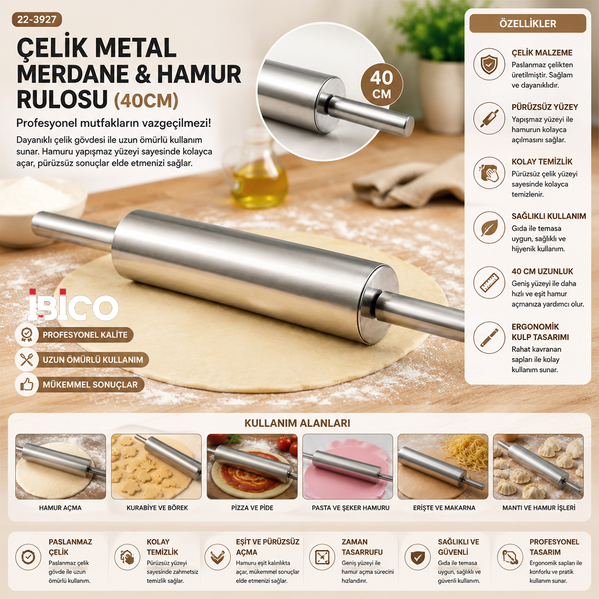Çelik Hamur Rulosu 40 cm -