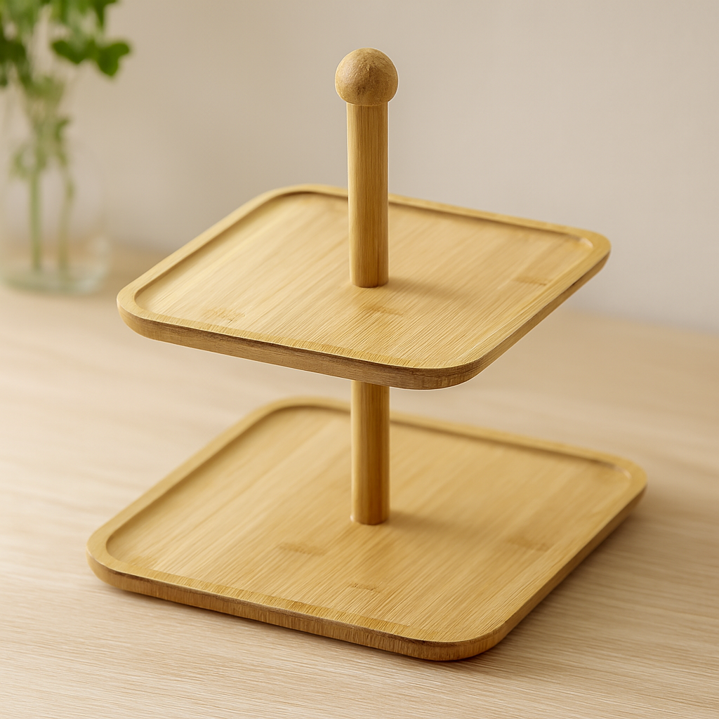 2 Katlı Ahşap Bambu Kare Servis Sunumluk 20-25 cm