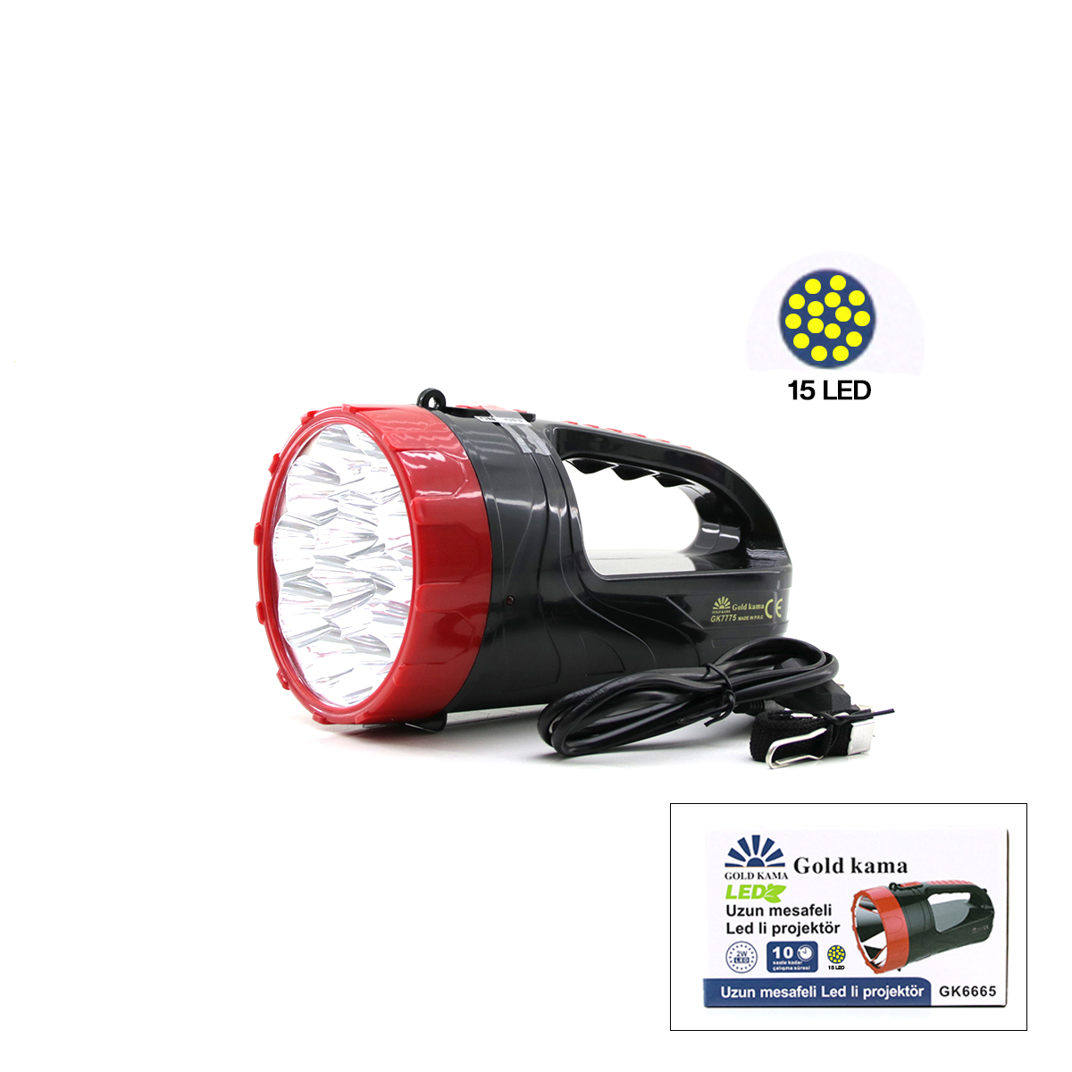 15 LED Şarjlı El Feneri Projektör - 2 Kademeli Işık