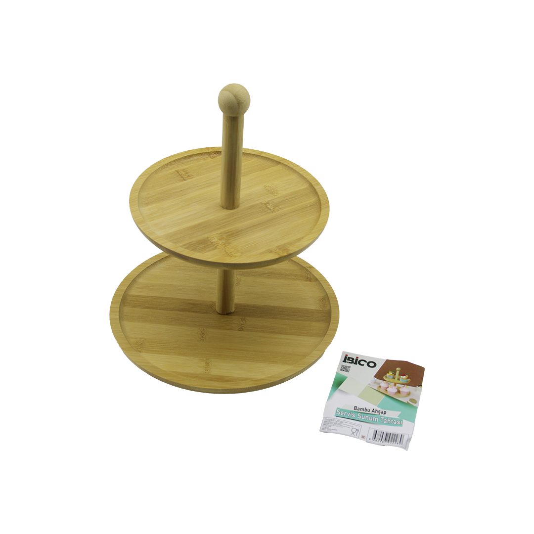 Yuvarlak 2 Katlı Ahşap Bambu Servis Sunumluğu 20/25 cm - 12'li