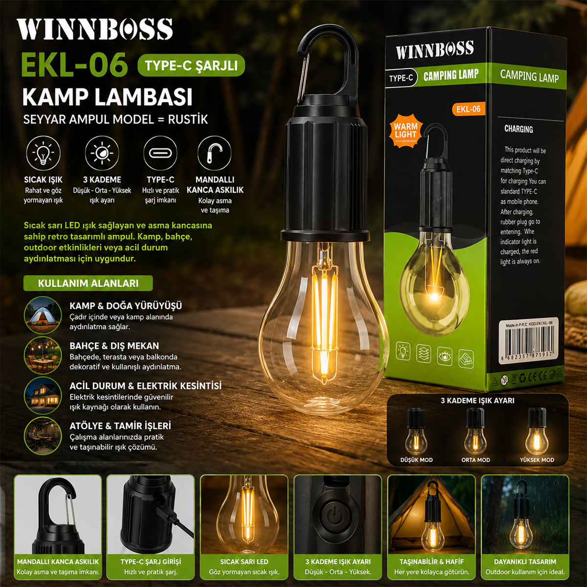 USB Şarjlı Rustik Kamp Lambası - 3 Kademe, Mandallı Askılı