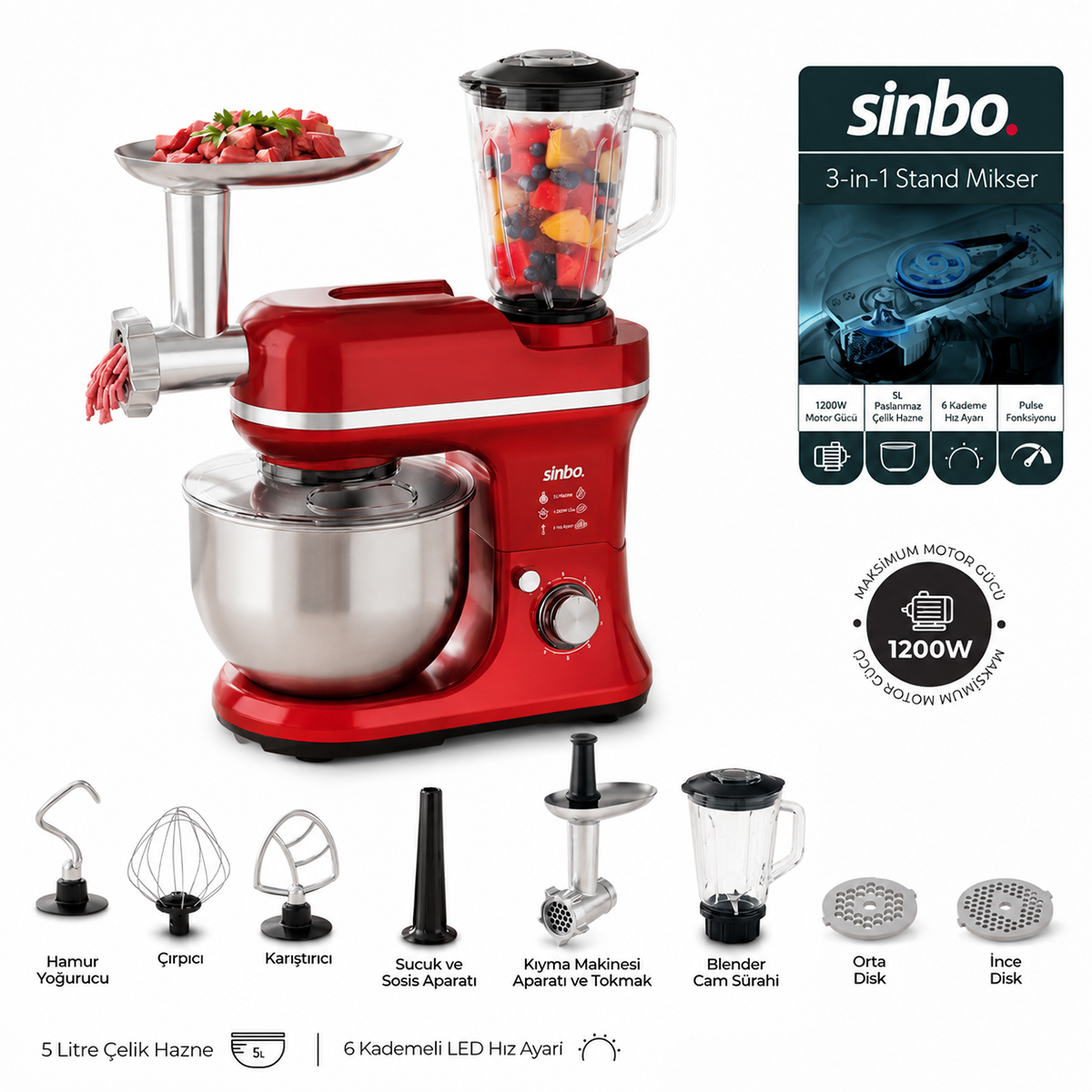 Standlı Mikser & Blender Seti 3'ü 1 Arada 1500W 4.5L (Kıyma Aparatlı)