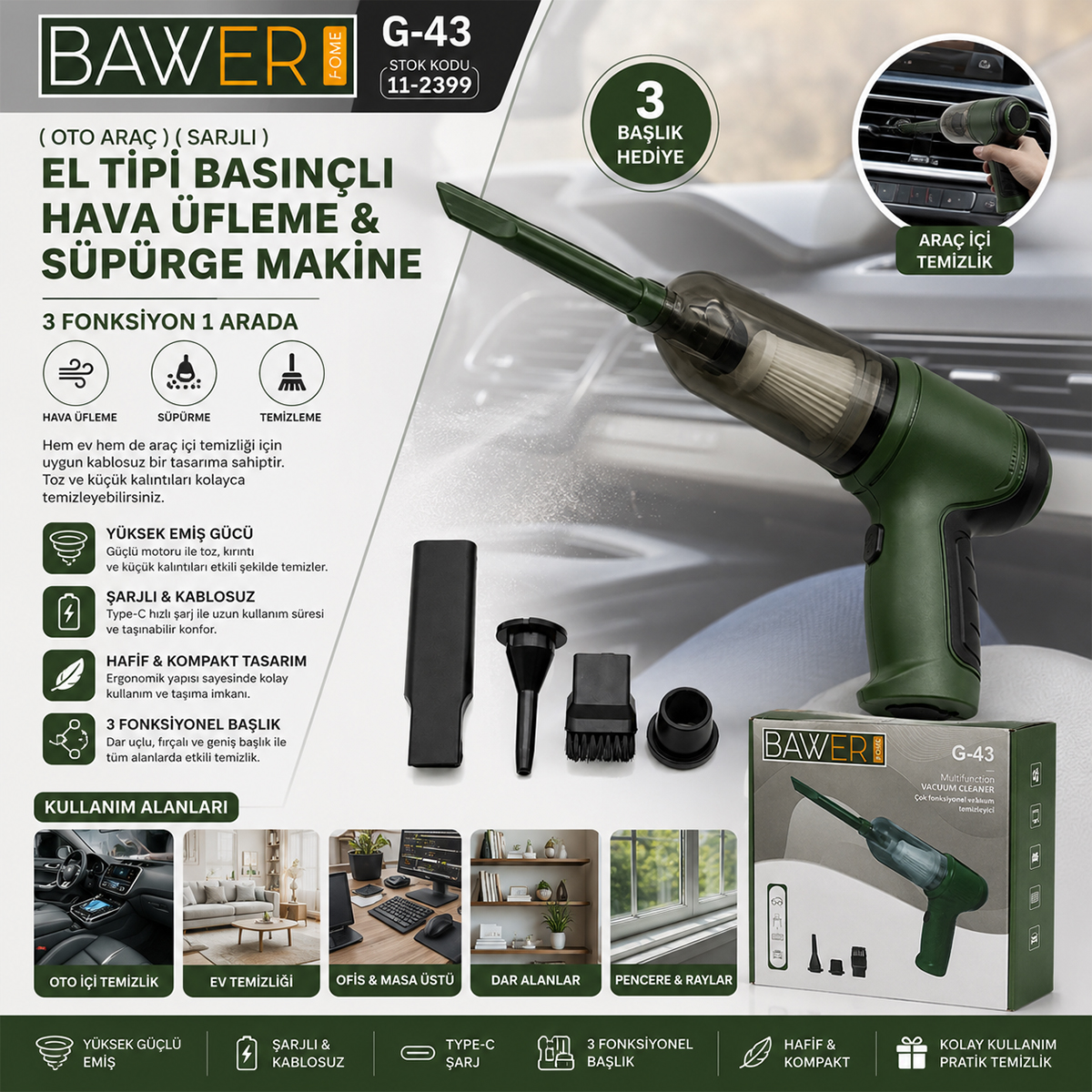 Şarjlı El Tipi Basınçlı Hava Üfleme ve Süpürge - 3 Başlık (Oto)