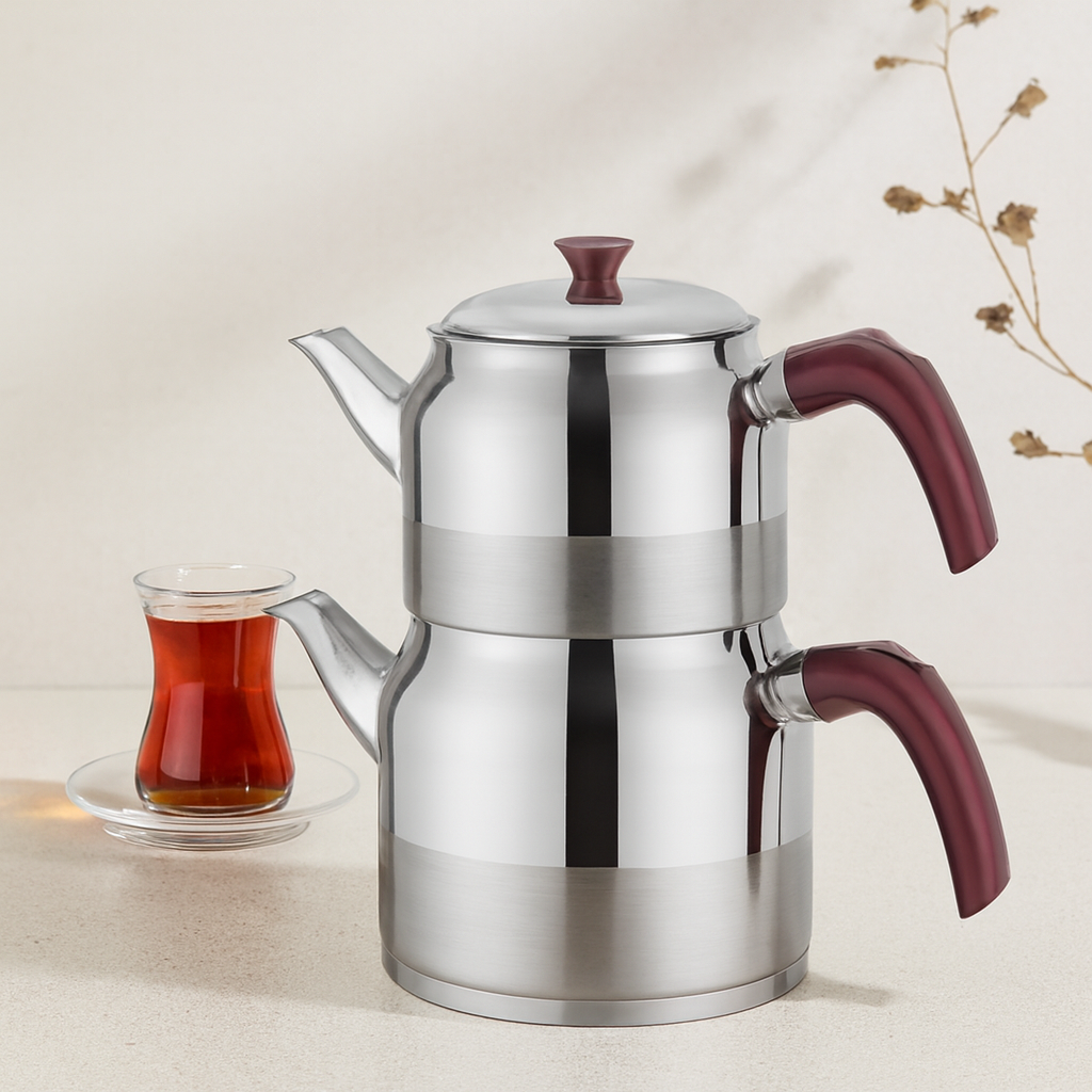 Çelik Çaydanlık Seti Aile Boy 1.5L + 3L Kendinden Süzgeçli