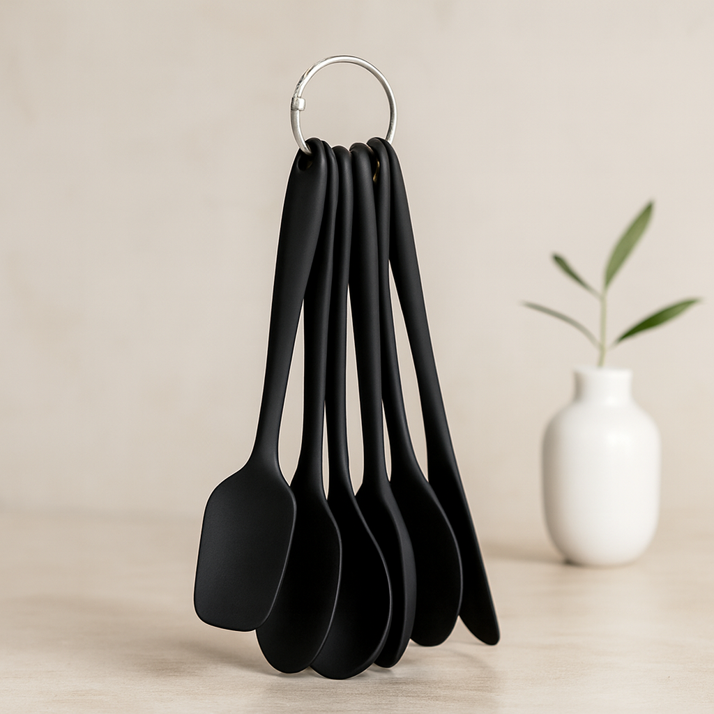 6 Parça Siyah Silikon Mutfak Seti (2 Kaşık, 3 Spatula, Yumurta Fırça)