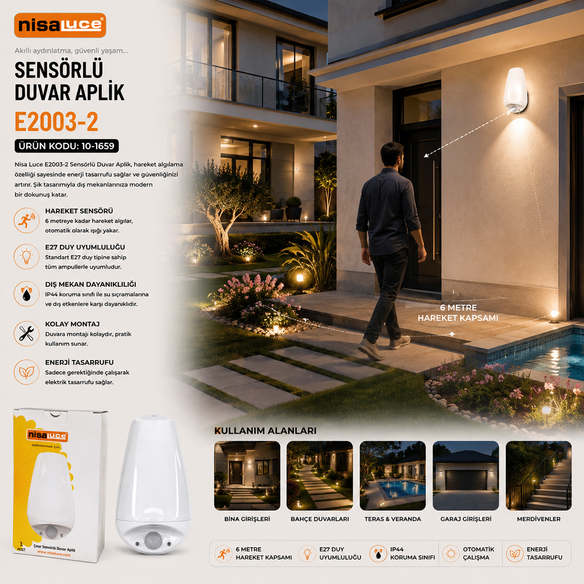 Sensörlü LED Duvar Aplik (E27, IP20)