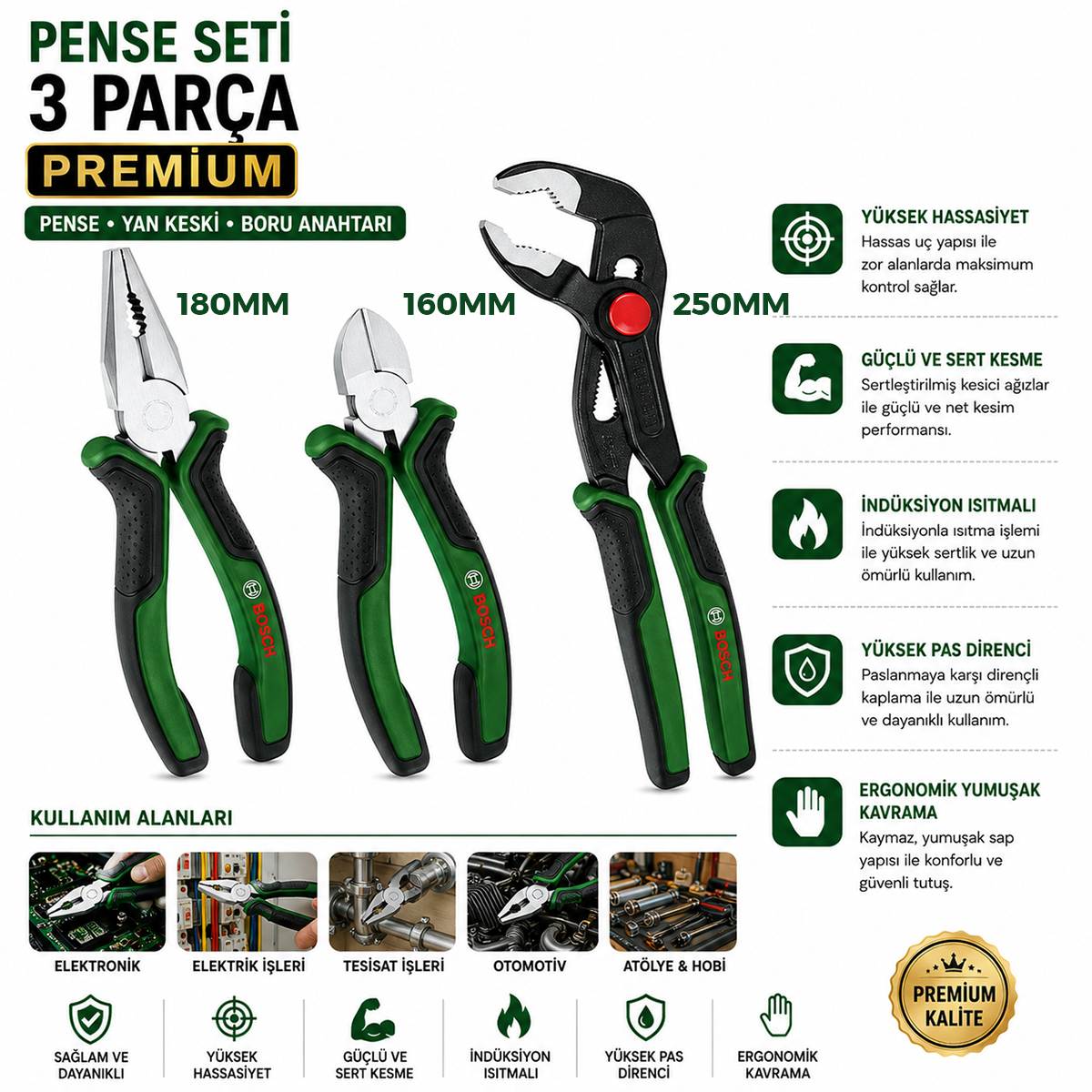 3 Parça Premium Pense Seti - 10 inç Papağan, 7 inç Pense, 6 inç Yan Keski