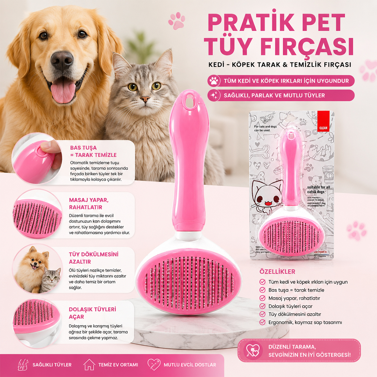 Pet Tüy Fırçası - Kedi ve Köpek Self-Cleaning Tarak