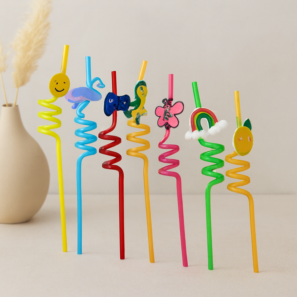 Kıvrımlı Figürlü Renkli Plastik Pipet - 4'lü