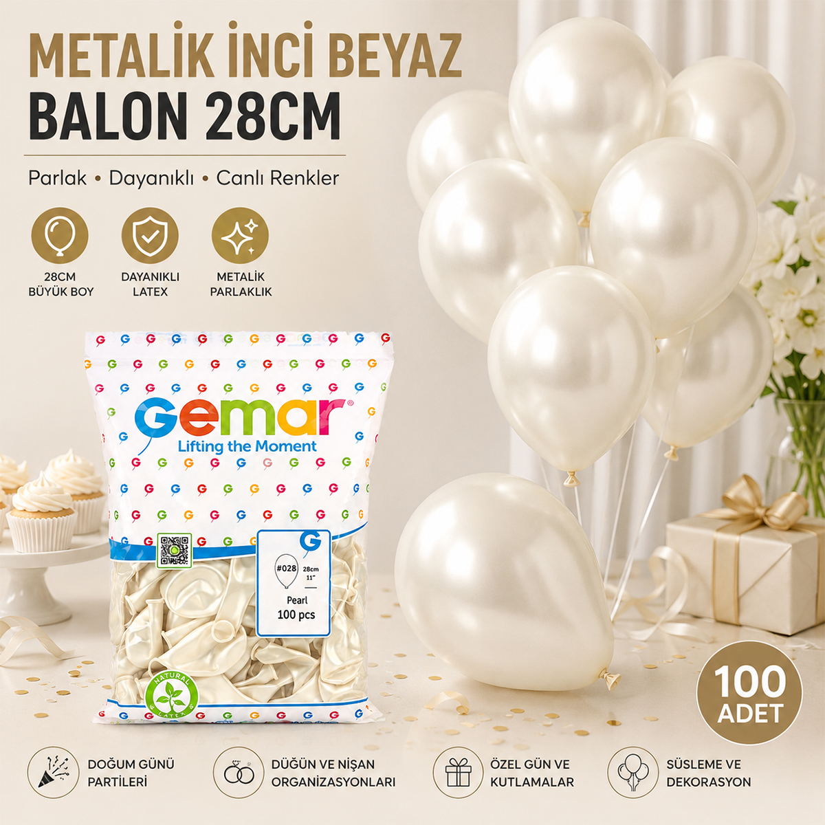 Metalik İnci Beyaz Balon 100'lü
