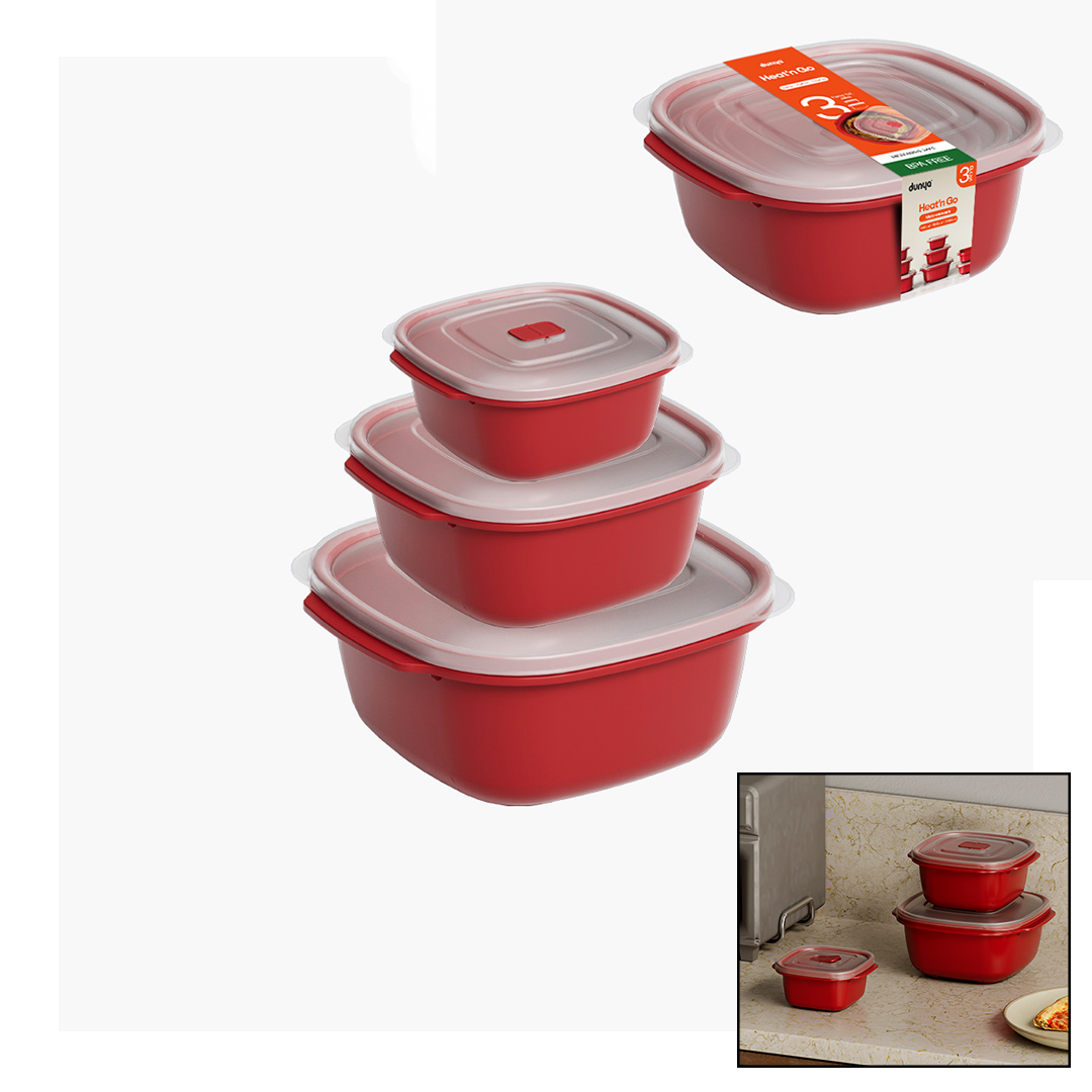Kırmızı Kare Saklama Kabı Seti (550/1100/2200 ml)