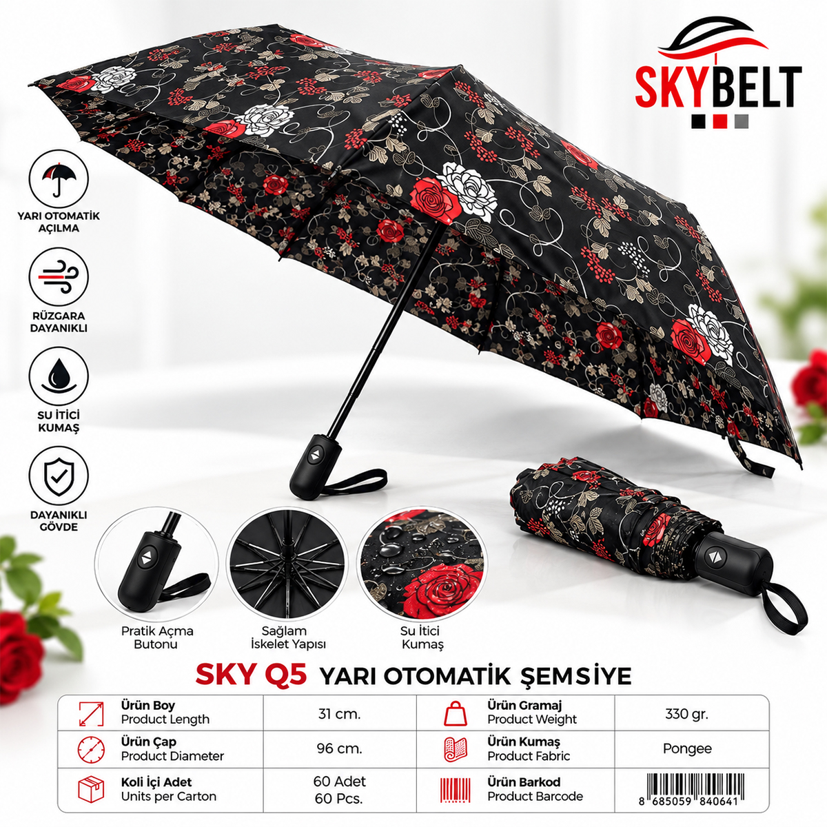 Bayan Yarı Otomatik 8 Tellİ Renkli Desenli Şemsiye