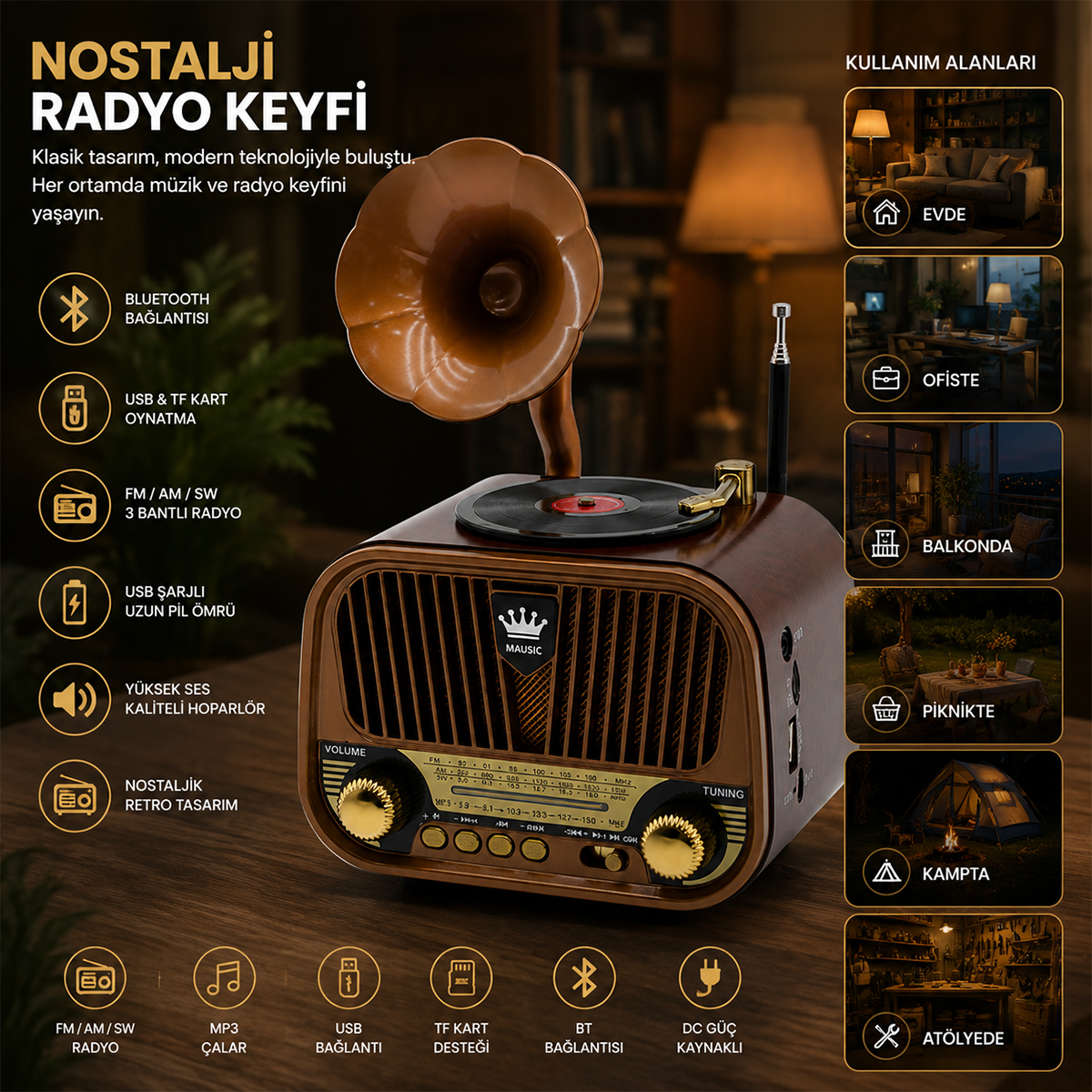 Nostaljik Bluetooth FM Radyo USB/TF MP3 Şarjlı Hoparlör