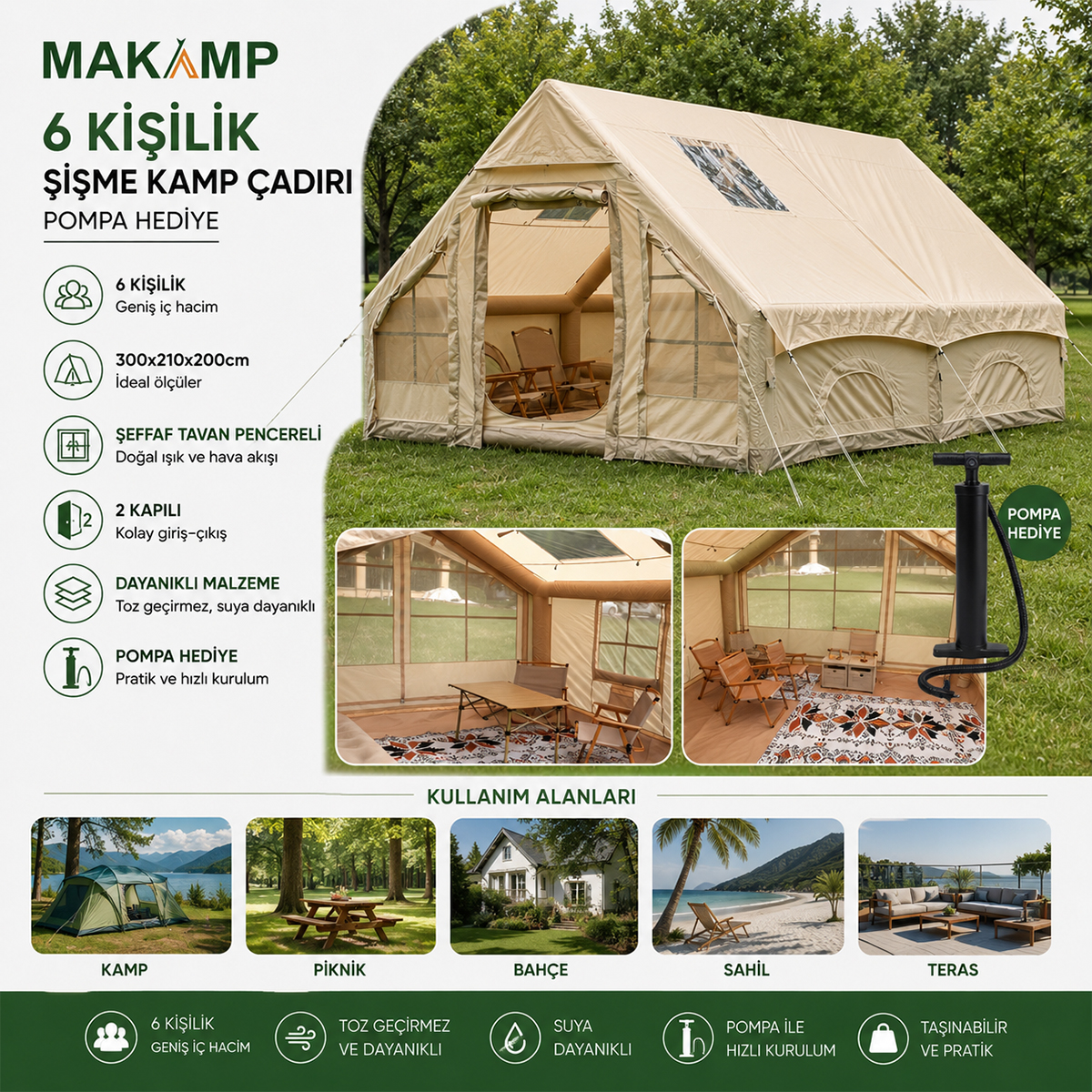 Şişme Kamp Çadırı 6 Kişilik 300x210x200 cm - Pompa Dahil
