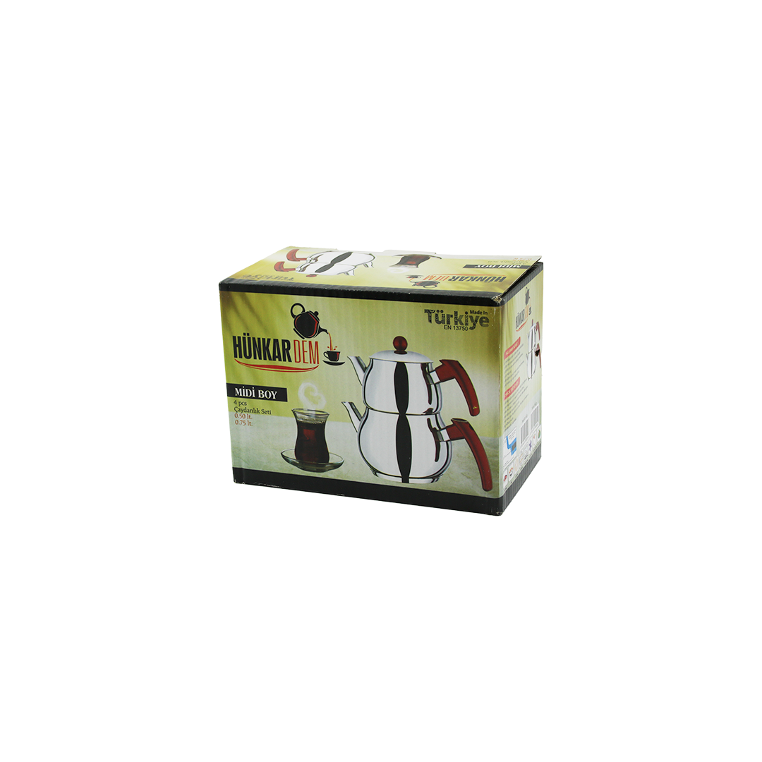 Midi Boy Çelik Çaydanlık Seti - Kendinden Süzgeçli Renkli Bakalit Kulplu (0.5L/0.75L)