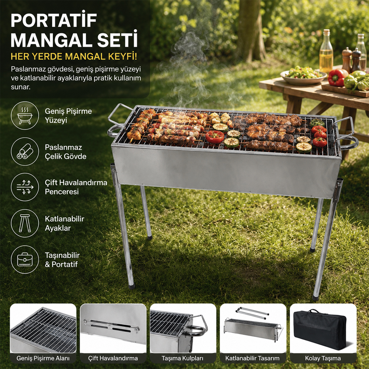 Paslanmaz Portatif Mangal 70 cm Ayaklı Standlı