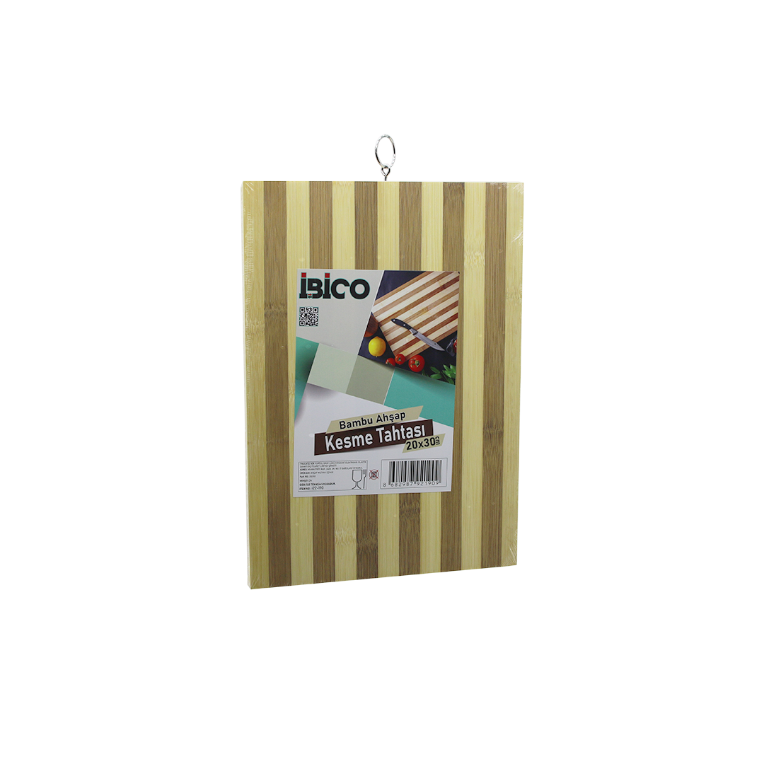 Bambu Kesme Tahtası 20x30x1.3 cm - Beyaz Çizgili Metal Kulplu