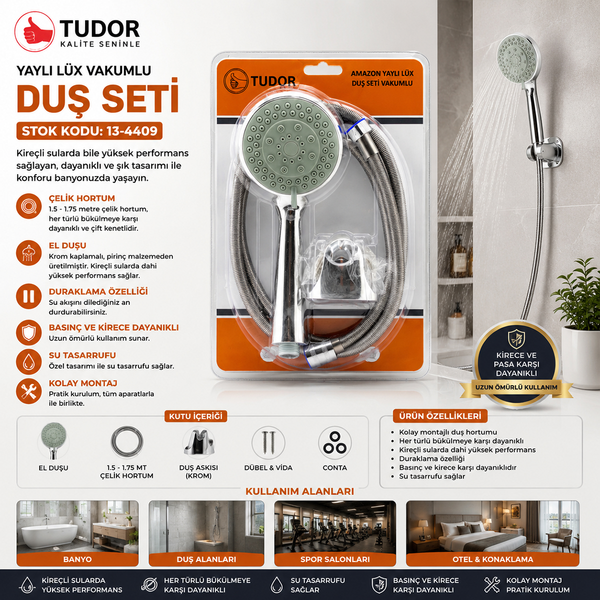 Krom Vakumlu Lüks Duş Seti - 150 cm Metal Yaylı Hortum